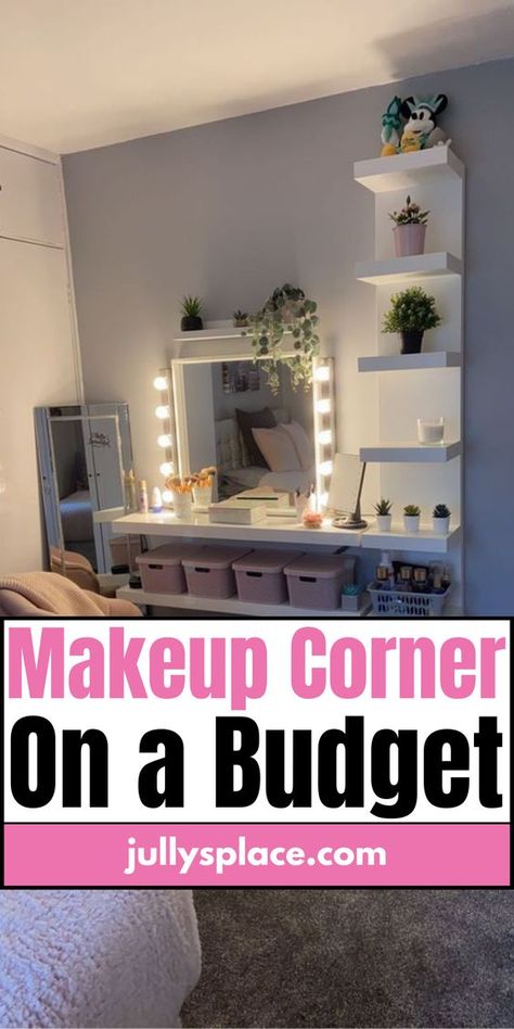 The most special place for every lady is her make-up corner. In this blog you can find ideas and tips on how to make a make-up corner on a budget. Make up room ideas | beauty room design | glam beauty room | makeup studio decor | makeup room ideas | makeup room decor | home improvements. Small Make Up Room Ideas Spaces, Diy Makeup Vanity In Closet, Diy Makeup Table Small Spaces, Bedroom Makeup Corner, Makeup Desk Storage Ideas, Diy Makeup Room Ideas, Makeup Vanity Dyi, Diy Get Ready Room Ideas, Closet Converted To Makeup Vanity