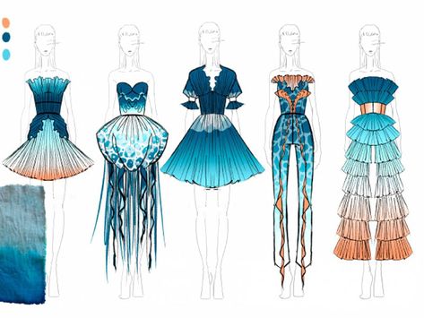 Ocean Fashion Design, Sea Inspired Fashion, Fashion Design Inspiration Board, Mood Board Fashion Inspiration, Fish Fashion, Fashion Illustration Tutorial, Fashion Design Drawing, Fashion Illustration Collage, Fashion Design Books