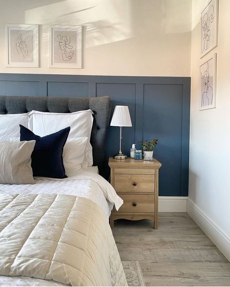 Bedroom Inspirations Blue, Bedroom Panelling, Spare Bedroom Office, Wainscoting Bedroom, Blue Bedroom Walls, Blue Bedroom Decor, Wall Panels Bedroom, Beige Bedroom, Bedroom Panel