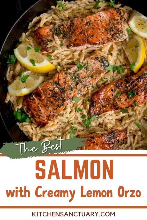 Salmon Orzo Recipe, Creamy Lemon Orzo, Crockpot Salmon, Salmon Risotto, Orzo Pasta Recipes, Salmon Dinner Recipes, Salmon Pasta Recipes, Creamy Orzo, Lemon Orzo