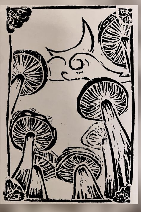 Natural Form Art, Watercolor Art Face, Relief Printmaking, Linoleum Print, Mushroom Drawing, Lino Art, Mushroom Print, Doodle Art Drawing, Lino Cut