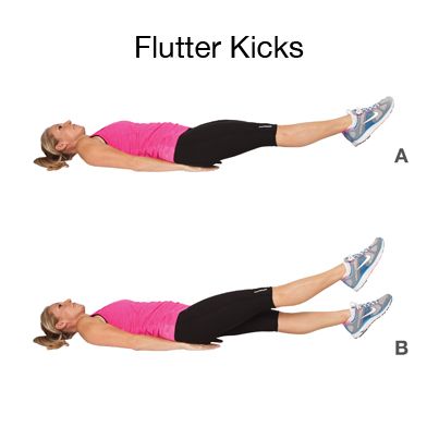 Flutter Kicks. How to do it: Lie flat on your back with your arms tucked slightly under your hips with palms facing down. Lift your feet 6 to 8 inches off the floor. Quickly kick (flutter) your legs up and down, raising and lowering your feet only a few inches. Note: to make the exercise easier, raise your legs up higher than the 6 to 8 inches. To make the exercise more difficult, keep your feet closer to the ground. Tennis Exercises, Belly Workouts, Bigger Hips Workout, Beginner Workouts, Gymnastics Videos, Fat Burning Tips, Flutter Kicks, Tennis Workout, Hip Workout