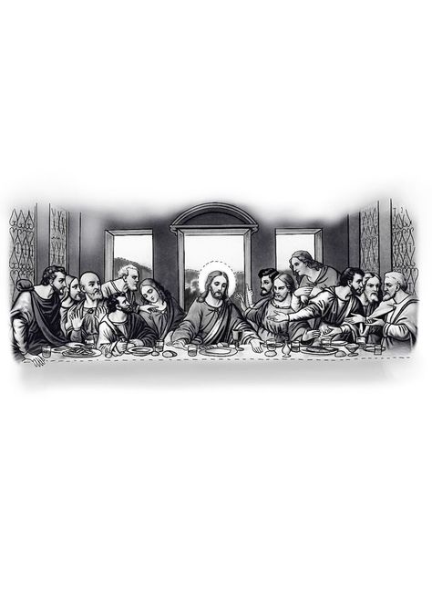 Final Supper Tattoo, Last Dinner Tattoo, Jesus Tattoo Sleeve, Religion Tattoos, Tattoo Table, Left Arm Tattoos, Bible Tattoos, Christ Tattoo, Uv Tattoo