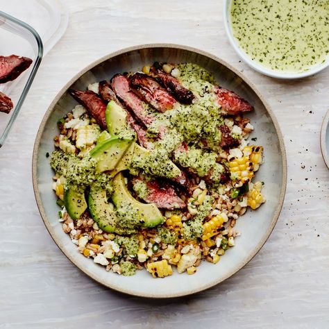 Grain Bowls with Grilled Corn, Steak, and Avocado Recipe | Epicurious Corn Steak, Steak And Avocado, Best Avocado Recipes, Satisfying Salads, Grain Bowls, Butter Pasta, Weekly Meal Plan, Grain Bowl, Avocado Recipes