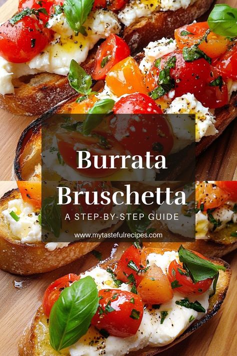 Dive into summer flavors with this easy Burrata Bruschetta! Creamy burrata, fresh tomato basil topping, and toasted garlic bread create a delightful appetizer for your guests. Bruchetta Appetizers With Feta, Burrata Crostini Appetizers, Bruschetta With Burrata, Types Of Bruschetta, Burrata On Toast, Brusetta Appetizer With Cheese, Bruschetta Toast Recipe, Burrata Cheese Board, Burrata Tomato Appetizer