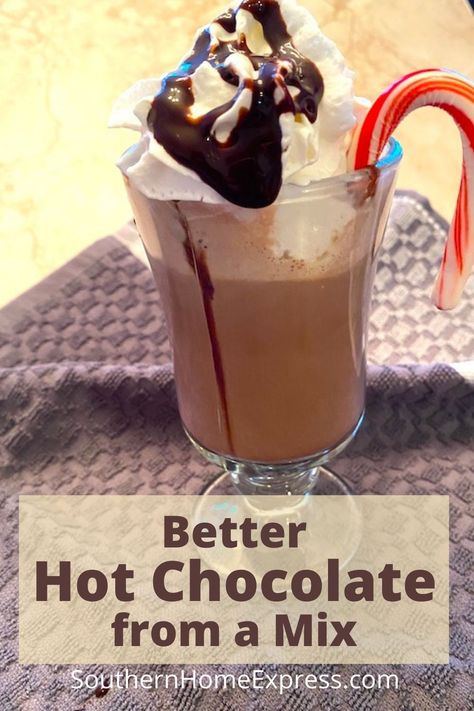 Make better hot chocolate from a mix. This super easy method of adding a few simple ingredients to a packet of hot chocolate mix will give it a richer flavor you'll love. #hotcocoarecipe #easyhotchocolate Crock Pot Hot Chocolate Recipe, Slow Cooker Ground Beef, Gourmet Hot Chocolate, Crockpot Hot Chocolate, Chocolate Pack, Hot Cocoa Recipe, Delicious Hot Chocolate, Delicious Drink Recipes, Chocolate Powder