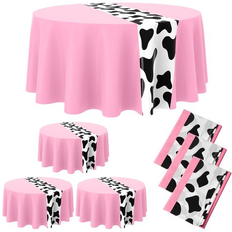 PRICES MAY VARY. Enough Replacement: you will receive 3 pieces of cow print table cloths for parties, sufficient to meet your various demands of using, replacing, and sharing in daily life, also as reliable and attractive table decoration for different parties Attractive Design: this round tablecloth is designed with cow print table runner in the middle, featuring pink background, adorable and cute, improving your table decorations, making your table look clean and attractive, and allowing you t Picnic Party Decor, Cow Baby Shower Theme, Dinner Picnic, Plastic Table Cloth, Dining Table Cover, Cow Birthday Parties, Cow Baby Showers, Rodeo Birthday, Cow Birthday