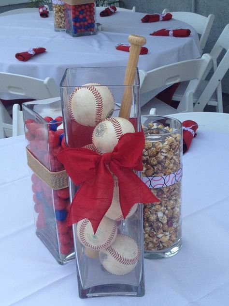 baseball table decor | Cute Baseball themed table centerpiece Planning Sport, Baseball Centerpiece, Baseball Table, Baseball Banquet, Baseball Party Ideas, Sports Banquet, Sports Party Decorations, Baseball Wedding, Baseball Theme Party