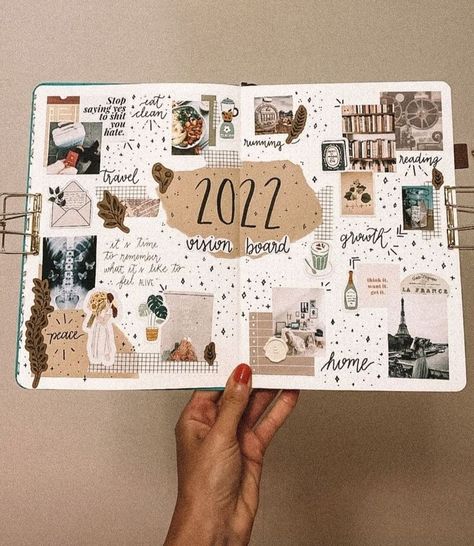 Large Scrapbook Ideas, Aesthetic Scrapbook Ideas For School, Vision Board Scrapbook Ideas, New Year Journal Aesthetic, Collage Book Ideas Scrapbook, April Scrapbook Ideas, Vision Board Notebook Ideas, Christian Bujo Ideas, Floral Scrapbook Ideas