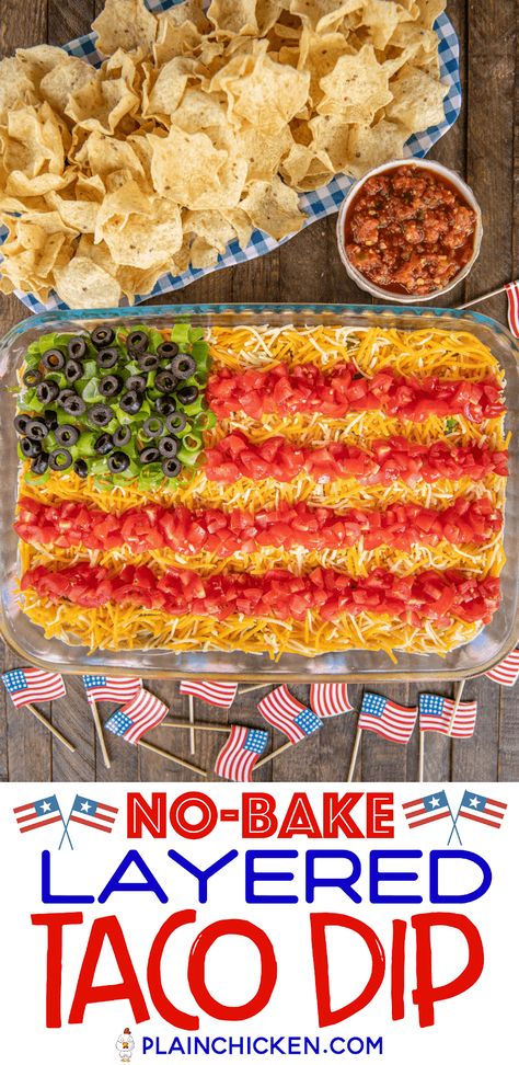 No-Bake 7 Layer Taco Dip in Flag Shape - such a fun and patriotic dip for Memorial Day, 4th of July, and Labor Day! Can just layer the dip ingredients if not serving for a patriotic holiday. Refried beans, diced green chiles, guacamole, taco seasoning, sour cream, corn, cheese, tomatoes, green onions, and olives. Can add ground beef, chicken, lettuce, onions, bell peppers - whatever you like! Make in advance and refrigerate for later. #nobake #dip #tacodip #7layerdip #flagdip Patriotic Dip, Mexican Party Games, Sour Cream Corn, Hot Taco Dip, Layer Taco Dip, 7 Layer Taco Dip, Layered Bean Dip, Taco Dip Recipe, Nacho Dip