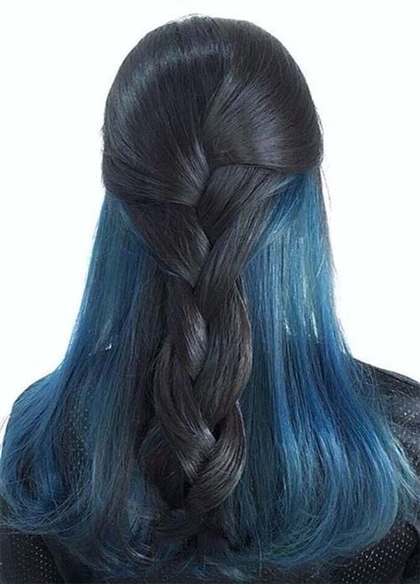 Blue Denim Hair Colors: Two-Tone Denim Dream Braid Under Blue Hair, Blue Denim Hair, Denim Blue Hair, Under Hair Dye, Hair Dyed Underneath, Hidden Hair Color, Ideas For Black Hair, Denim Hair, Underlights Hair