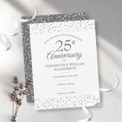 Save the Date 25th Anniversary Silver Love Hearts Postcard Wedding Anniversary Save The Date, Anniversary Save The Date, 25th Wedding Anniversary Party, Wedding Anniversary Celebration, 60 Wedding Anniversary, Silver Wedding Anniversary, Wedding Anniversary Invitations, 25th Wedding Anniversary, Wedding Anniversary Party