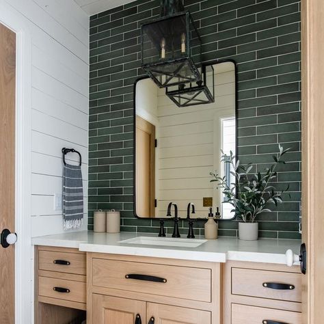 Christie Lewis Interiors on Instagram: "Cowboy’s bath 🐴 (swipe to see the before!) @rebekahwestoverphotography @eric_budge_custom_homes" Bath Wall Tile, Cheap Bathroom Makeover, Pool House Bathroom, Green Tile Bathroom, Bedrosians Tile, Bath Tile, Boy Bath, Primary Bath