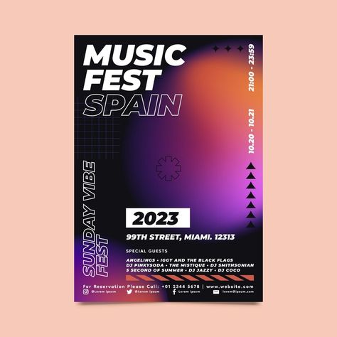 Free Vector | Gradient music event poster template Musical Event Poster, Edm Poster Design, Event Poster Graphic Design, Event Poster Design Layout, Gradient Poster Design, Edm Poster, Event Poster Layout, Music Event Poster, Mesh Gradient