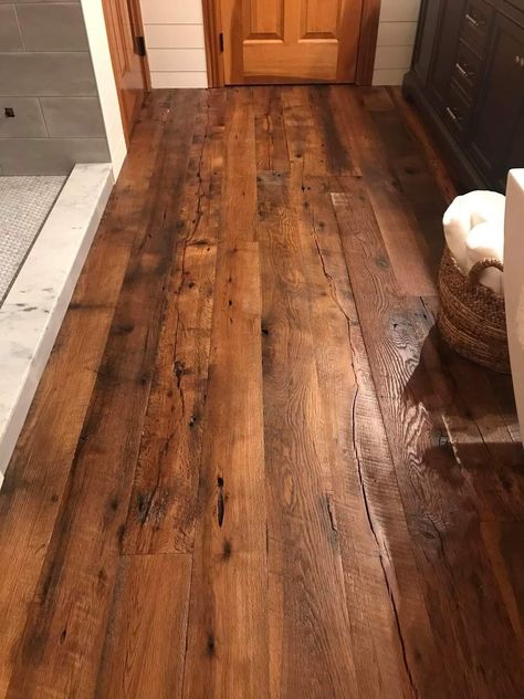 Rustic Floor, Wood Floor Stain Colors 2024, Hewn Flooring Rustic, Wide Plank Pine Wood Floors, Barnwood Floors Lowe's, Reclaimed Heart Pine Flooring, Floor Stain Colors, Wood Floor Stain Colors, Weatern Bathroom Vanity Wood Floor