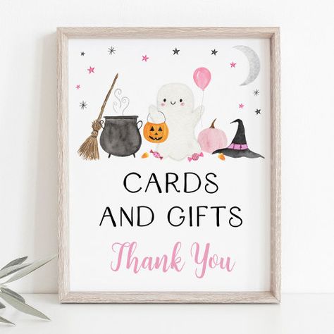 $12.35 | Pink Ghost Halloween Cards & Gifts Sign | Halloween Crafts | halloween bash, spooktacular party, pumpkin birthday, first boo day, moon and stars, ghost birthday, ghost baby shower, girl halloween party, cards and gifts sign, halloween party sign First Boo Day, Girl Halloween Party, Birthday Ghost, Ghost Birthday, Halloween Candy Bar, Halloween Witches Brew, Halloween Illustrations, No Tricks Just Treats, Pumpkin Moon