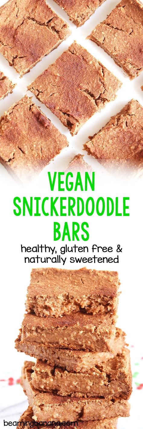 Rich, gooey vegan snickerdoodle bars have all the sweet, cinnamon flavors of the traditional cookie, in easy to make bar form! Healthy, gluten free and naturally sweetened. #vegansnickerdoodlebars #snickerdoodle #veganbars #veganchristmas #christmasdessert #vegandessert #healthychristmasrecipe Snickerdoodle Cookie Bars, Snickerdoodle Bars Recipe, Vegan Blondies, Snickerdoodle Blondies, Vegan Bars, Snickerdoodle Bars, Healthy Christmas Recipes, Snickerdoodle Cookie, Vegan Bar