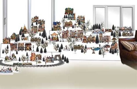 Picture of a Christmas village layout, designed using Photoshop Christmas Village Layout, Lemax Christmas Village Display, Village Layout, Christmas Village Displays, Christmas Village Ideas, Tree Village, Feed Store, Christmas Tree Village, Lemax Christmas Village