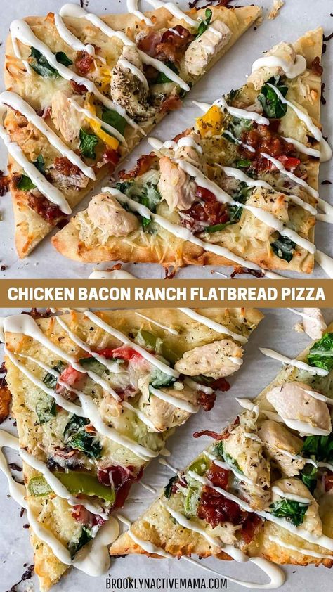 This Chicken Bacon Ranch Flatbread Pizza recipe is a big hit with the whole family. Featuring fresh vegetables and so much flavor! Chicken Bacon Ranch Flatbread Sandwich, Chicken Bacon Flatbread Recipes, Flatbread With Chicken, Flat Bread Lunch Ideas, Flatbread Chicken Recipes, Flat Bread Pizza Ideas Flatbread Recipes, Chicken Bacon Ranch Flatbread Pizza, Chicken Flatbread Recipes Healthy, Diy Flatbread Pizza