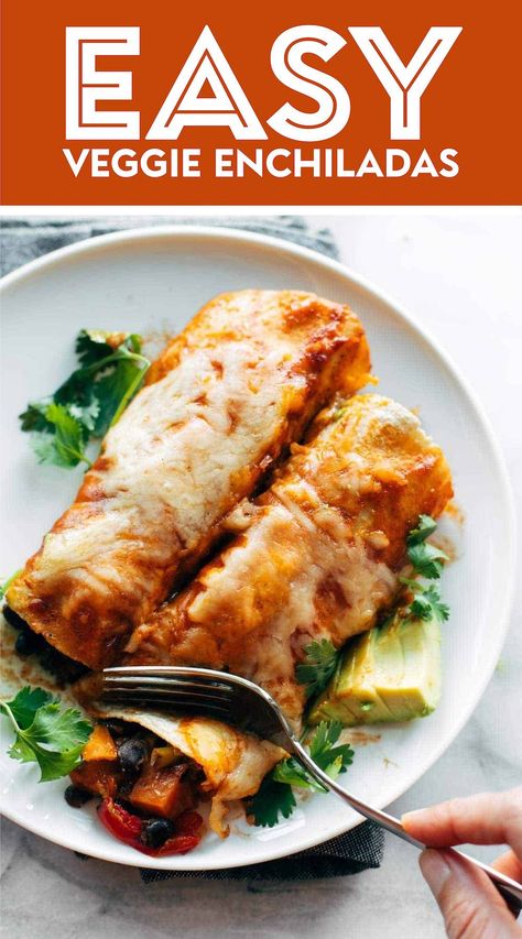 Easy Veggie Enchiladas! Saucy, cheese, filling, cozy, and packed with any roasted veggies you want. Super versatile and easy to make! #enchiladas #vegetarian #meatless Enchiladas Vegetarian, Veggie Burritos, Veggie Enchiladas, Pinch Of Yum, Vegetarian Enchiladas, Enchilada Recipe, Homemade Enchiladas, Easy Veggie, Vegetarian Entrees