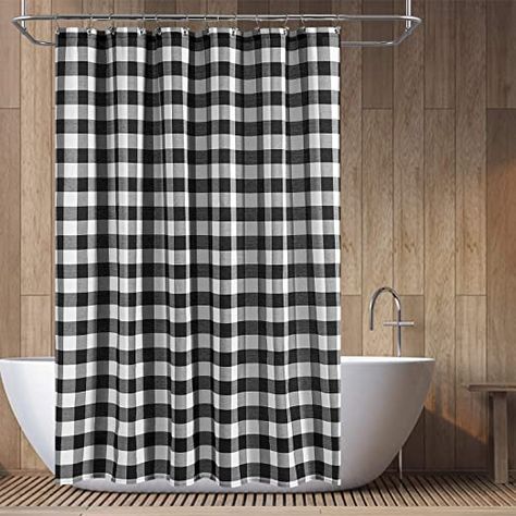 Barossa Design Buffalo Check Shower Curtain: Cotton Blend Plaid Woven Texture & Machine Washable, Water-Repellent, Rustic Farmhouse Style for Bathroom - Black and White, 71x72 Inch Beetlejuice Bathroom, Buffalo Check Shower Curtain, Plaid Bathroom, Cortinas Country, Buffalo Decor, Farmhouse Camper, Country Shower Curtain, Black And White Shower Curtain, Plaid Shower Curtain