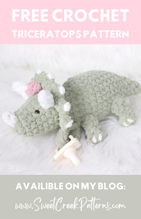 This crochet triceratops is perfect for beginners because there is a full YouTube tutorial on my blog! This crochet triceratops will be a quick project to make! Crochet dinosaur triceratops are one of the most popular crochet amigurumi projects for mamas of little ones, especially boys. This free crochet dinosaur pattern will allow your creative vibes to blossom by experimenting with different yarn colors and textures to personalize your crochet dinosaur.  Happy crocheting!!! Triceratops Crochet Pattern Free, Crochet Triceratops, Crochet Stuffy, Dinosaur Patterns, Crochet Dinosaur Patterns, Crochet Toys Free Patterns, Crochet Stuffed Animals, Crochet Project Ideas, Popular Crochet