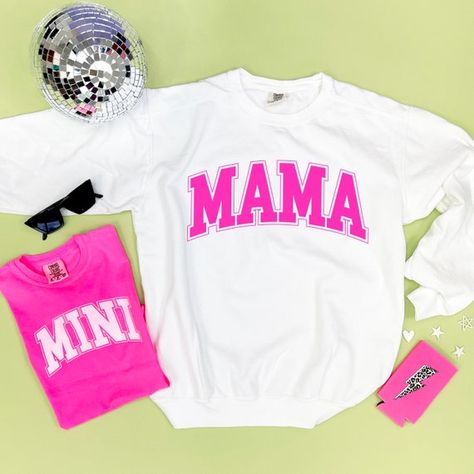 Mama And Me Shirts, Mother's Day Outfits, Mama And Mini Shirt, Mama And Mini Shirts, Mama Mini Shirt, Mini Shirts, Hot Pink Sweatshirt, Mama Design, Mama And Mini