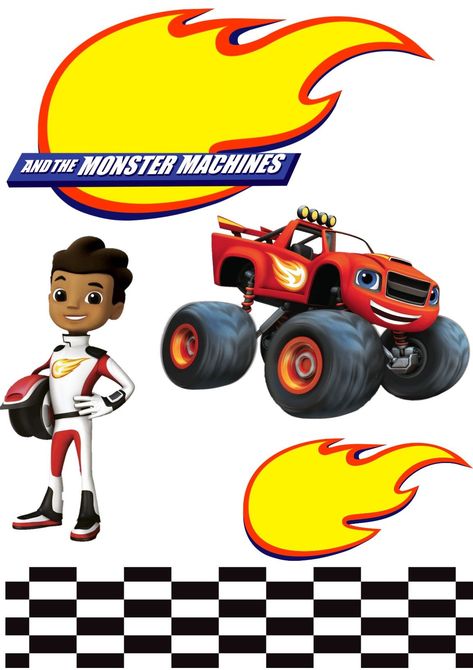 An Image Of A Monster Truck With Flames On The Side And Checkerboard 2F6 Blaze Cake, Blaze Birthday Cake, Bolo Blaze, Blaze Cakes, Blaze The Monster Machine, Blaze And The Monster Machines Party, Blaze Birthday, Mickey Mouse Birthday Cake, Monster Truck Toys