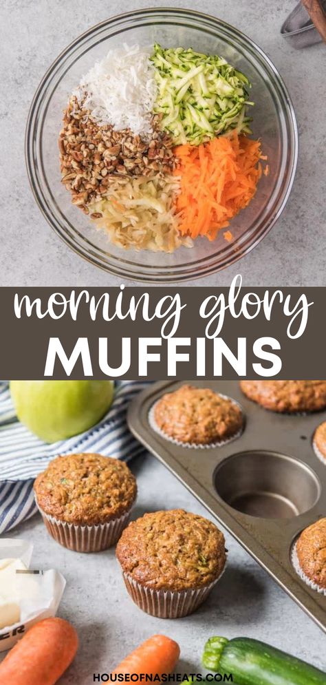 Morning Glory muffins are loaded with carrots, zucchini, apple, pecans, coconut and whole wheat flour, making them great for breakfast or a healthy snack. | morning glory muffins recipe | morning glory muffins healthy | morning glory muffins with zucchini | healthy muffin recipes breakfast Healthy Muffins With Veggies, Veggie Loaded Muffins, Muffins With Vegetables, Morning Glory Muffin Recipes, Morning Glory Muffins With Zucchini, Healthy Zucchini Carrot Muffins, Zucchini Morning Glory Muffins, Morning Glory Bran Muffins, Carrot Breakfast Recipes