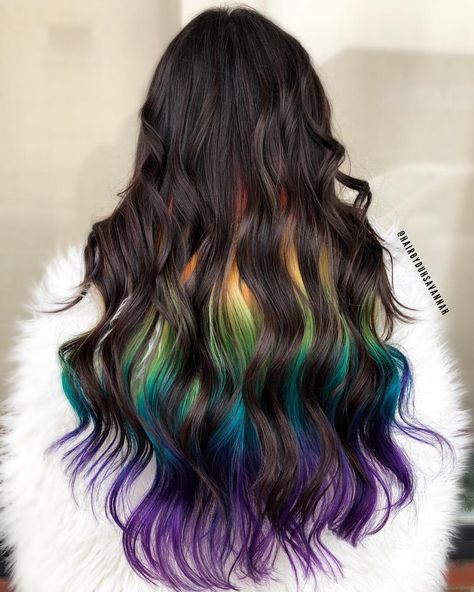 Hair With Color Underneath, Black Hair With Color Underneath, Black Hair With Color, Rainbow Underneath Hair, Hair With Color, Long Hair Highlights, Plum Hair, Black Hair Balayage, Dark Brunette Hair