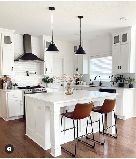 Large White Kitchen, Black Kitchen Accessories, White Herringbone Tile, Simple Kitchen Design, Baths Interior, Black Kitchen Island, White Kitchen Island, Leather Bar Stools, Kitchen Wall Tiles