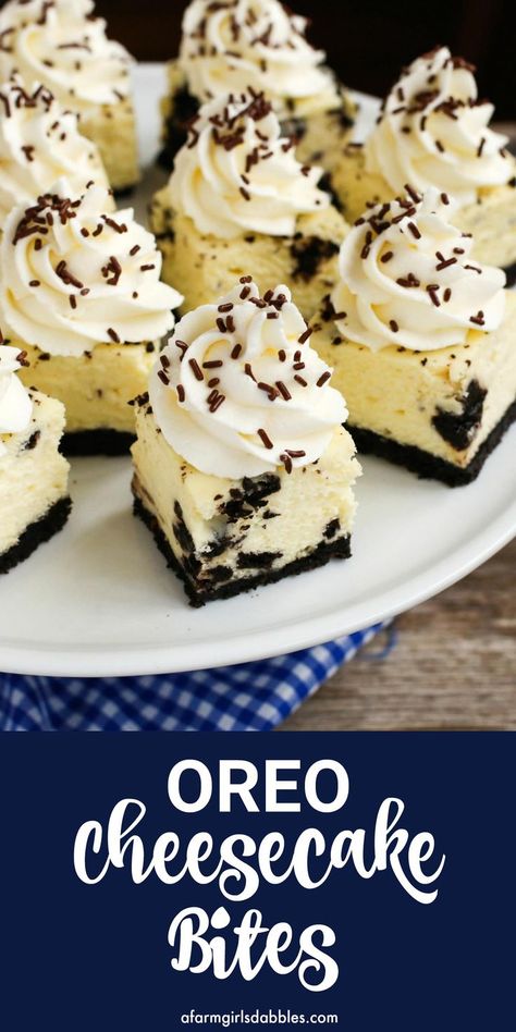 Oreo Cheesecake Bites from afarmgirlsdabbles.com: This easy cheesecake recipe is light in texture, yet ultra creamy. I bet you won't be able to eat just one! #cheesecake #recipe #easy #oreo #oreos Oreo Cheesecake Squares, Cookies And Cream Cheesecake Recipes, Fast Desserts For A Crowd, Easy Summer Baking Recipes, Mini Cheese Cakes Recipes, Single Serve Desserts For Party, Cupcake Cheesecake Recipes, Easy Baked Cheesecake Recipes, Dessert Recipes Party