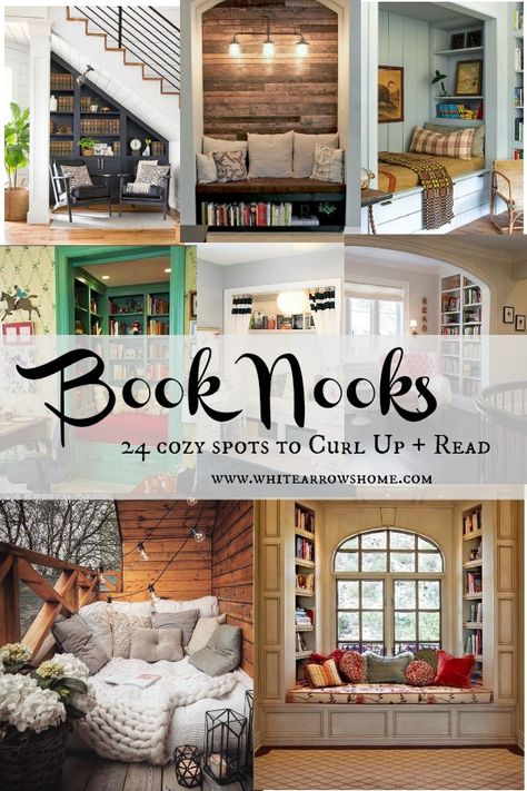 Book Nooks- 24 Cozy Spots to Curl Up + Read ~ White Arrows Home Library Nooks Ideas, Diy Book Bench Reading Nooks, Reading Chairs Comfy Nook, Living Room Nooks, Home Library Design Ideas Cozy, Books Nook Ideas, Reading Loft Ideas Small Spaces, Home Library Rooms Cozy, Cute Home Library Ideas