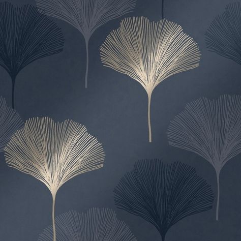 Ginko Leaf Wallpaper Bathroom, Wallpaper Backgrounds For Room, Gingko Leaf Wallpaper, Guest Bathroom Wallpaper Modern, Modern Navy Wallpaper, Feature Wallpaper Wall, Gold Wallpaper Wall, Wallpapers On Wall, Wallpaper Living Room Feature