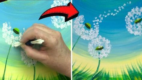 Dandelion Cotton Swabs Painting Technique | DIY Joy Projects and Crafts Ideas Cotton Bud Painting Ideas, Painting With Cotton Buds, Cotton Bud Tree Painting, Cotton Swab Painting, Dandelion Cotton Swab Painting, Diy Joy, Cotton Swabs, Cotton Swab, Learn How To Paint