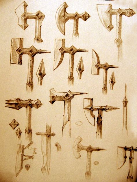 Dwarvish axe and hammer heads concept Dwarven Crossbow, Fantasy Axes Design Drawing, Dwarven Hammer, Dual Axes Concept Art, Alan Lee Art, Hobbit Dwarves, Two Axes Warrior, Fantasy Blade, Weta Workshop