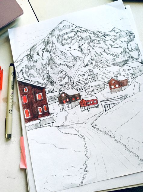 Switzerland Sketch Art Illustrations, Switzerland Drawing Easy, Winter Village Drawing, Switzerland Sketch, Village Drawing Easy, Switzerland Drawing, Switzerland Snow, Town Drawing, Village Drawing