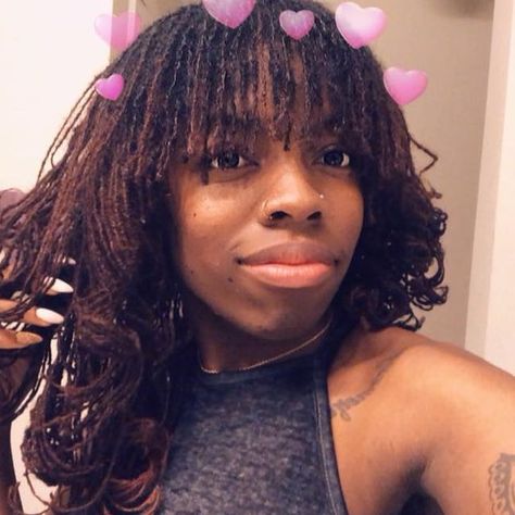 Sister Locs With Bangs, Loc Bangs, Locs With Bangs, Small Locs, Sister Locks, Sister Locs, Pacific City, Black Hair With Highlights, Loc Journey