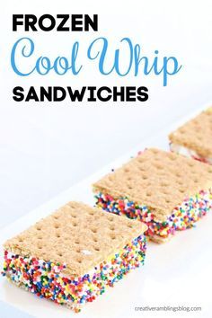 Recipe for frozen cool whip sandwiches, a cool whip dessert that is easy to make with 3 ingredients. Easy ice cream sandwich recipe, low calorie and delicious! #icecream #coolwhip #recipe #dessert #sprinkles #frozen #treats Frozen Cool Whip, Sandwich Dessert, Recipe Low Calorie, Ice Cream Sandwich Recipe, Easy Ice Cream Sandwiches, Cool Whip Desserts, Low Cal Dessert, Easy Ice Cream, Recipe Dessert