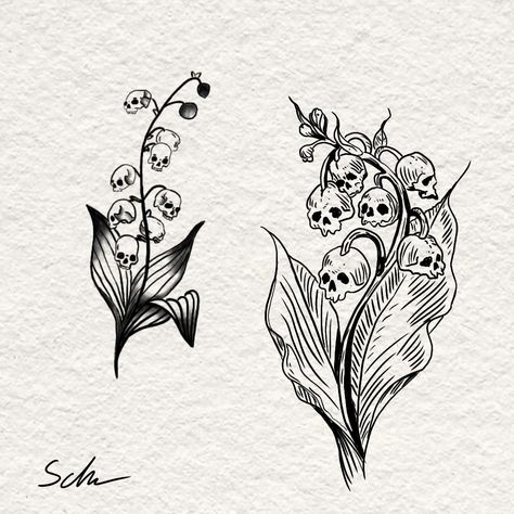 Lily Skull Tattoo, Filler Flower Tattoo, May Tattoo Ideas Birth Month, Tattoo Front, Top Of Shoulder Tattoo, Lily Of The Valley Tattoo, Sketch Tattoos, Skull Tattoo Flowers, Valley Tattoo