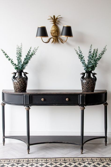 Black Vintage Style Metal Distressed Console Table With Drawer Round Hallway, Distressed Console Table, Black Metal Console Table, Black Metal Console, Prague Apartment, Hallway Tables, Black Interiors, Classic Console, Distressed Table