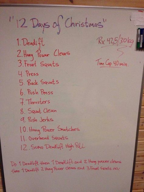 Crossfit 12 Days of Christmas WOD #workout 12 Days Of Christmas Workout Crossfit, Christmas Wods Crossfit, 12 Days Of Christmas Wod Crossfit, 12 Days Of Christmas Workout, Wods Crossfit, Crossfit Workouts Wod, Christmas Workout, Crossfit Workouts At Home, Holiday Workout