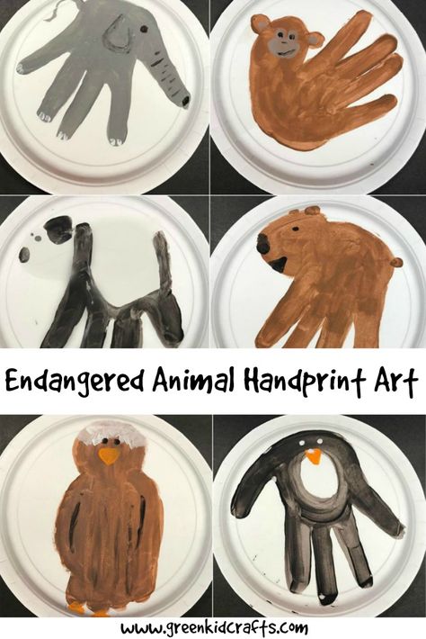 Endangered animal educational activity. Make these animal handprints to teach kids about the animals on the endsgered species list. Endangered Species Activities, Endangered Animals Activities, Endangered Animals Project, Green Crafts, Animal Activities For Kids, Handprint Craft, Animal Crafts For Kids, Handprint Crafts, Maria Montessori