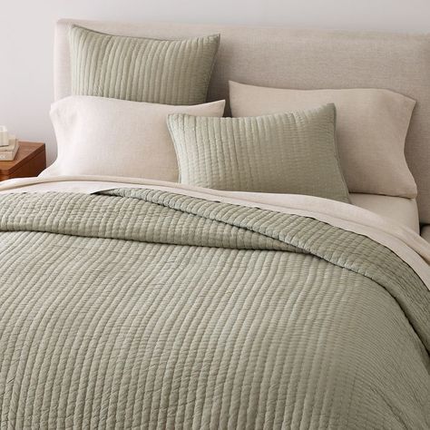 Airy Cotton Voile Solid Quilt & Shams | West Elm Pick Stitch Quilt, Beautiful Bed Designs, Simple Bed Designs, Sage Green Paint, Pick Stitch, Solid Quilt, Green Paint Colors, Simple Bed, Quilted Sham