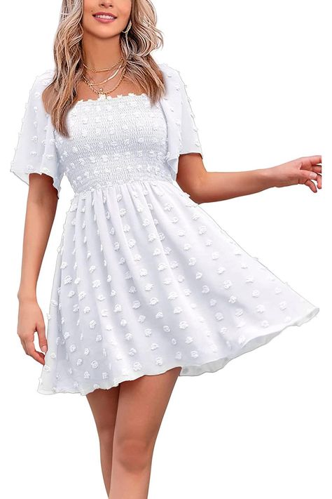 EXLURA Women's Summer Flowy Mini Sundress Square Neck High Waist Swiss Dot Smocked Ruffle Short Flutter Sleeve Dress Dresses On Amazon, Flowy Sundress, Swiss Dot Dress, Flowy Mini Dress, Stylish Summer Outfits, Mini Sundress, Dress Flowy, Square Neck Dress, Super Cute Dresses