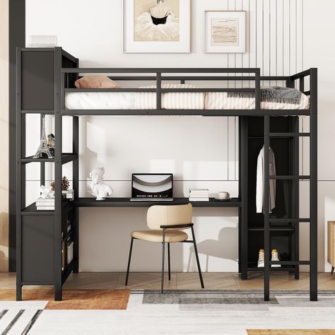 PRICES MAY VARY. Metal Modern Style: This full metal loft bed with desk is an ideal gift for a child! The simple and airy look suits any room style. Our loft bed is versatile and perfect for apartments, dorms, and teenage rooms! Full Loft Bed with Wardrobe and Desk: This metal loft bed has a cozy sleeping space, a spacious and practical L-shaped desk that can be used as a workbench or reading area, and the wardrobe can provide a great place for your everyday clothes. Space Saving: This metal bun Loft Bed With Wardrobe, Loft Beds For Teens, Loft Bed With Storage, Full Loft Bed, Bed With Wardrobe, Metal Loft Bed, Loft Bed With Desk, Loft Bed Frame, Bed With Desk