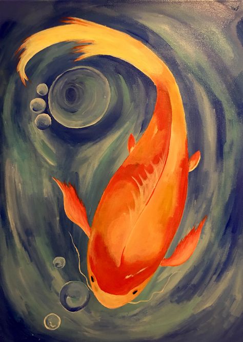 Blue And Orange Drawing Ideas, Orange Fish Painting, Blue And Orange Painting, Orange Koi Fish, Orange Koi, Coy Fish, Koi Painting, Orange Fish, Orange Painting