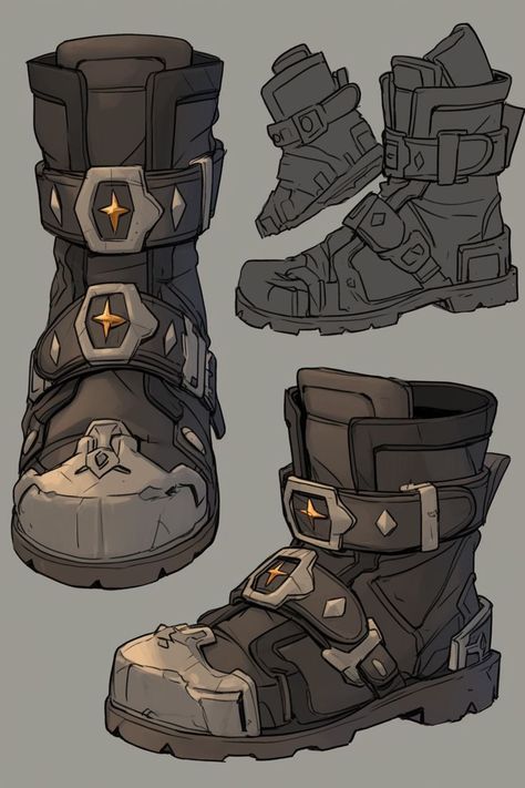 Boot Concept Art, Tinkers Tools Dnd, D&d Artificer Armorer, Boots Art Reference, Boots Fantasy Art, Boots Reference Drawing, Boots Drawing Reference, Armor Boots, Steampunk Shoes