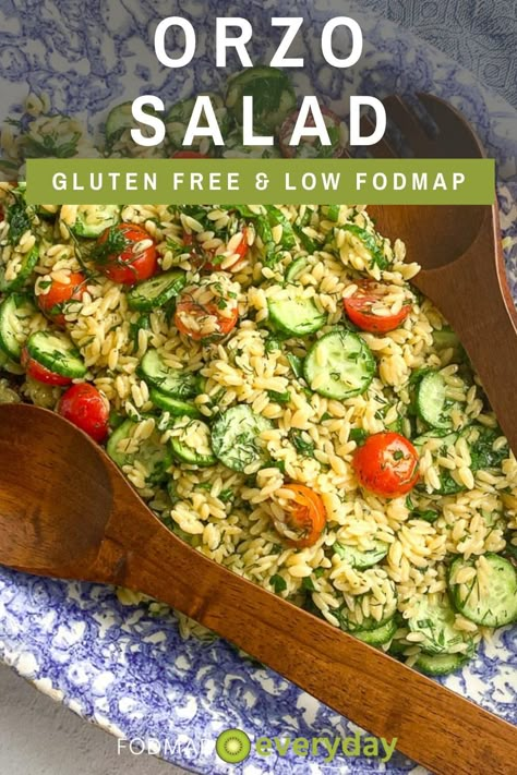 Low FODMAP Orzo Salad might be the perfect summer side-dish. Orzo is rice shaped pasta, typically made from wheat, but in this recipe we are using a low FODMAP gluten-free version. #dairyfree #glutenfree #vegan #vegetarian #easyrecipe #lowfodmapdiet#fodmap #lowfodmap #fodmapeveryday #ibs #ibsdiet #cleaneating #fodmapsafe 30 Day Low Fodmap Meal Plan, Low Fodmap Lunch Box Ideas, Low Fodmap Pescatarian Recipes, Vegetarian Fodmap Recipes, Low Fodmap Macaroni Salad, Fodmap Lunch Ideas Easy, Low Fodmap Potluck Recipes, Low Fodmap Picnic Food, Low Fod Map Breakfast Recipes