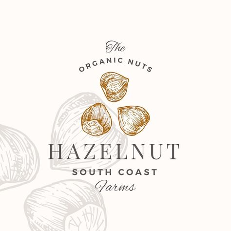 Hazelnut logo template hand drawn nuts s... | Premium Vector #Freepik #vector #logo-illustration #leaf-logo #vintage-logo #nature-logo Hazelnut Logo Design, Hazelnut Illustration, Nuts Logo Design, Nuts Illustration, Cookie Packaging Design, Nuts Logo, Nut Packaging, Biscuit Packaging, Chocolate Logo